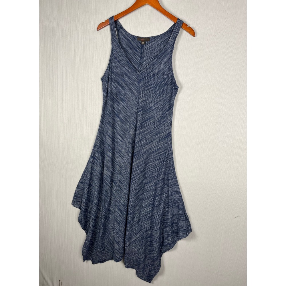 Linen Blend Dress Womens XL Blue Sharkbite Hem Sleeveless V-Neck Lagenlook